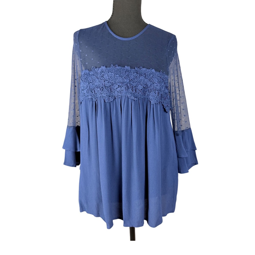 Altar'd State Navy Blue Lace Swiss Dot Boho Tunic Top Ruffle Sleeve Small Y2K
